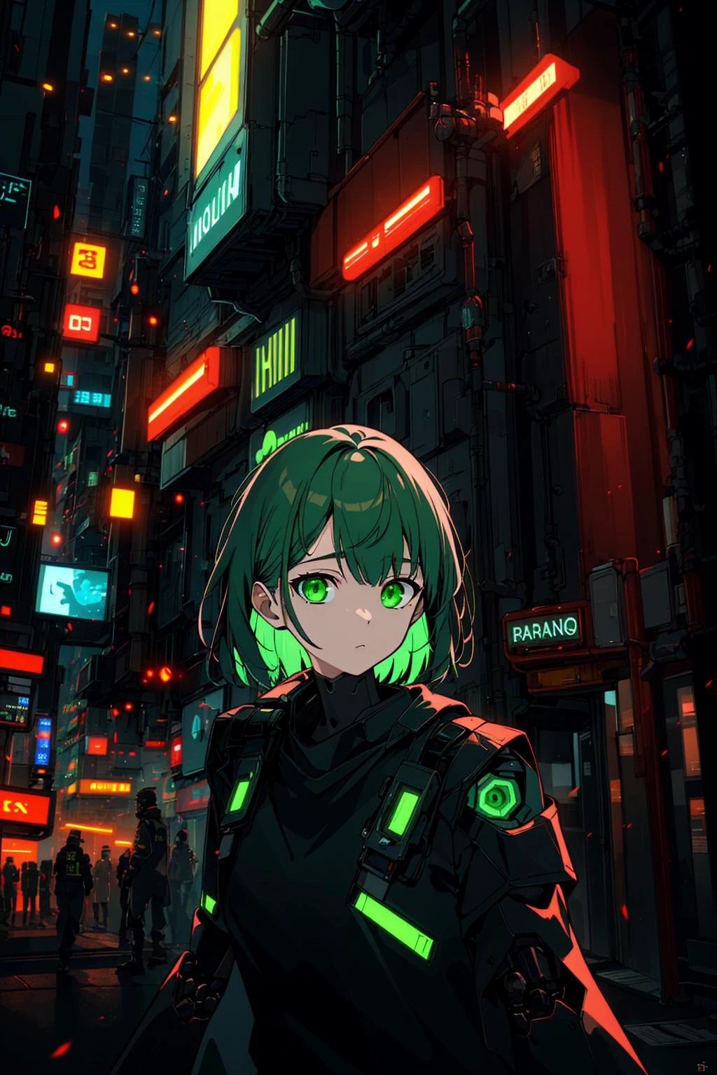 police, gun, wide shot, fighting, black hair, medium hair, inner green hair color, green detailed eyes, black long coat,white tank top, red wappen, cinematic angle, robot, robot vs girl, gun,medium hair,green grow eyes,(super photo realistic 1.8),cyberpunk, masterpiece,cinematic lighting, realistic,city,night, crowd, neon, dark,detailed background,superwide shot, super realistic,8K unity wallpaper,