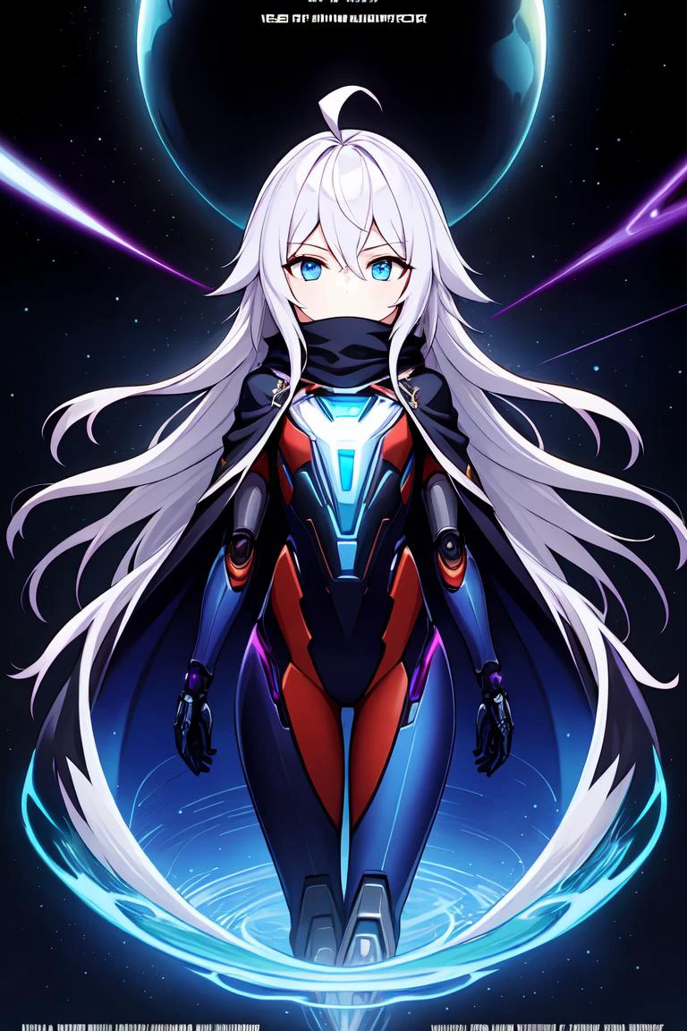 masterpiece, ultra detailed, 1girl, solo, white hair, long hair, ahoge, blue eyes, flat chest, astronaut suit, feeling of floating, space, nice hands, flying, cybernetic, black cloak, expressionless, cold attitude, pale skin, petite, blue electricity, magic, blue aura, vortex, quantum, goddess, soft fabric waist extension, scarf, (movie poster:1.2)