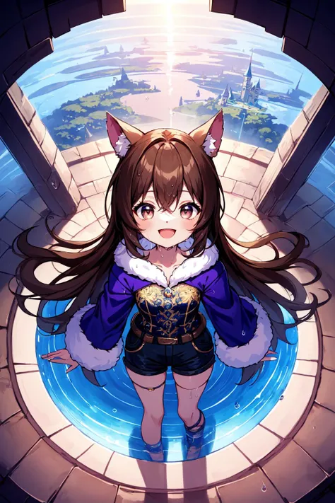 best quality, amazing intricate, cute girl, round eyes, happy, :d, medium breast, 
light brown hair, long hair, , , 
from front, above the knee, looking over her shoulder, 
dripping colors fur coat, acid colors shorts, 
in a fairytale land