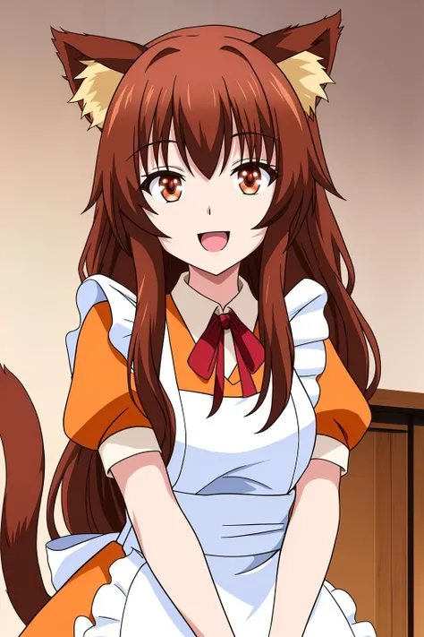 roxine, 1girl, solo, long_hair, breasts, looking_at_viewer, smile, open_mouth, bangs, brown_hair, red_eyes, dress, ribbon, animal_ears, brown_eyes, tail, upper_body, short_sleeves, :d, sidelocks, frills, alternate_costume, puffy_sleeves, indoors, cat_ears, apron, red_ribbon, puffy_short_sleeves, cat_tail, animal_ear_fluff, maid, neck_ribbon, parody, wolf_ears, white_apron, wolf_tail, maid_apron, frilled_apron, enmaided, orange_shirt, orange_dress