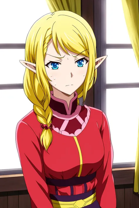 maimai, 1girl, solo, long_hair, breasts, looking_at_viewer, bangs, blue_eyes, blonde_hair, dress, jewelry, closed_mouth, upper_body, braid, sweat, pointy_ears, indoors, sweatdrop, window, single_braid, frown, parody, curtains, elf