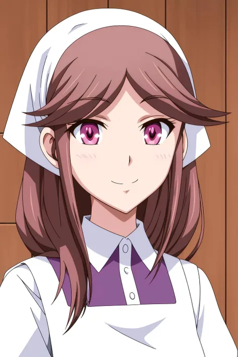 luine, 1girl, solo, long_hair, looking_at_viewer, smile, bangs, indoor, brown_hair, red_eyes, brown_eyes, closed_mouth, purple_eyes, upper_body, pink_eyes, apron, parted_bangs, maid, portrait, close-up, head_scarf, anime_coloring