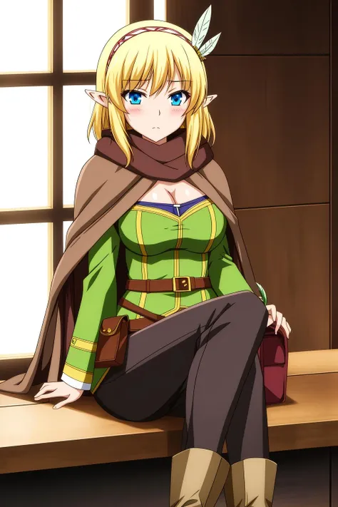 dslr, raw photo, ryu, solo focus, sitting, thigh boots, green cape, hooded cloak, shirt <lora:SRyuu_Lion:0.9>