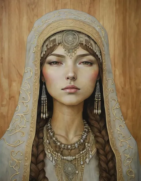 <lora:auka:0.6>auka, girl, halo, hood with design and jewelry, necklaces, painted on wood background