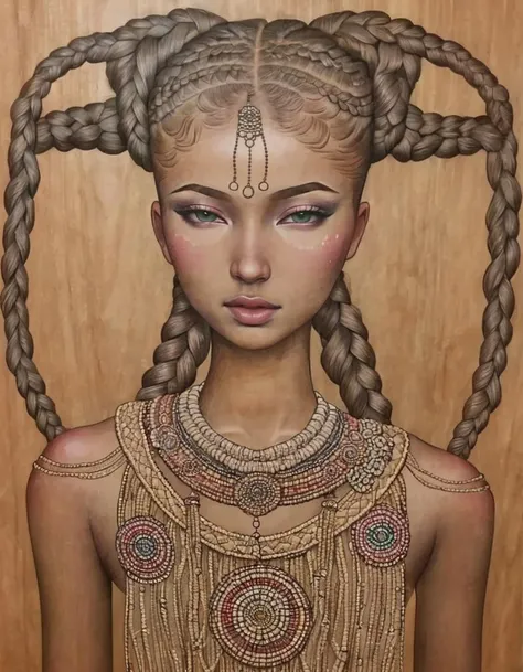 <lora:auka:0.6>auka, girl, braids, forehead jewelry, dots around eyes, elaborate beaded necklaces, painted on wood background, smooth skin