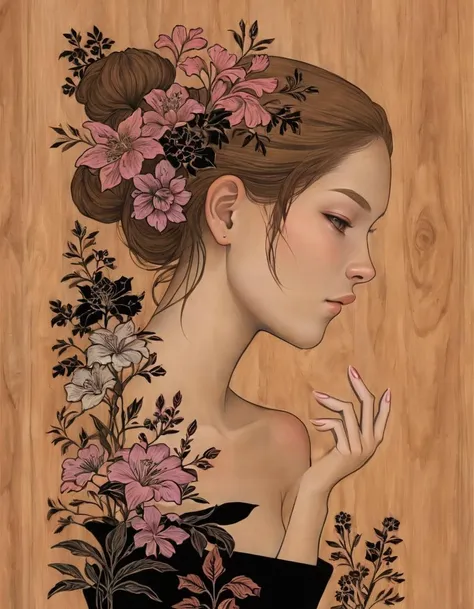auka, girl, black border, wood background, flowers, view from side, finger on chin