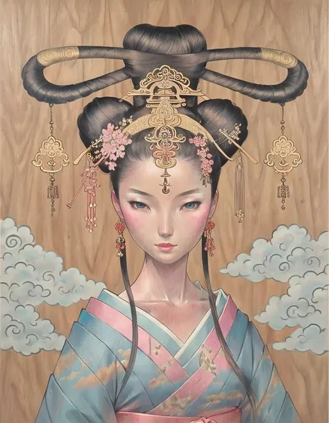 <lora:auka:0.6>auka, girl, third eye design, elaborate hair weave and jewelry, spiral clouds, golden circle with scratches, kimono, blue and pink paint dabbed lightly into wood background