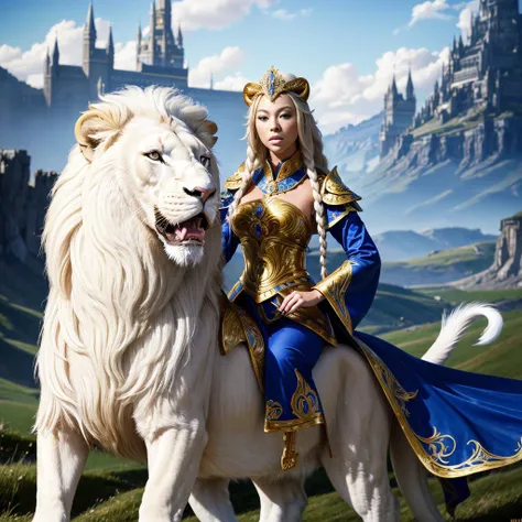 realistic analog photo, award winning photo,
1girl, riding a giant (white lion:1.2), on a hill top,  a (medieval battlefield:1.2), 
documentary photography, 
BREAK
 <lora:FTSierraV-000010:0.75> ftsierrav, 1girl, metal corset, long white hair, long braids, makeup, jewelry, necklace, shouting, indicating at the viewer,   
BREAK
 <lora:WHighElf:0.75> whighelf, elegant blue robe with gold trim,  ornate jewelry, winged headpiece, engulfed in glowing fiery magic , 
,
RAW, highres, 8k, uhd, High Dynamic Range, tonemapping, crisp details,