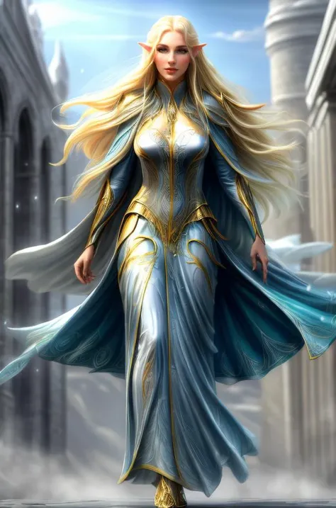 Professional photograph, photorealistic, of a smiling blonde elven sorceress. She's beautiful, has light green eyes, long blonde hair, she's looking at the viewer, wearing a white robe with golden ornaments, and a long blue cloak. She's standing in a fantasy medieval city, elven city of marble, Numenor or Minas Tirith. She's busty, cute, regal, and standing on the streets during a sunny morning. 4k, 8k, masterpiece, highest quality, bokeh, absurdres <lora:WHighElf:1> WHighElf <lora:add_detail:0.4> <lora:more_details:0.5> <lora:hairdetailer:0.5> (DarkFantasy) <lora:CineStyle5:0.25>