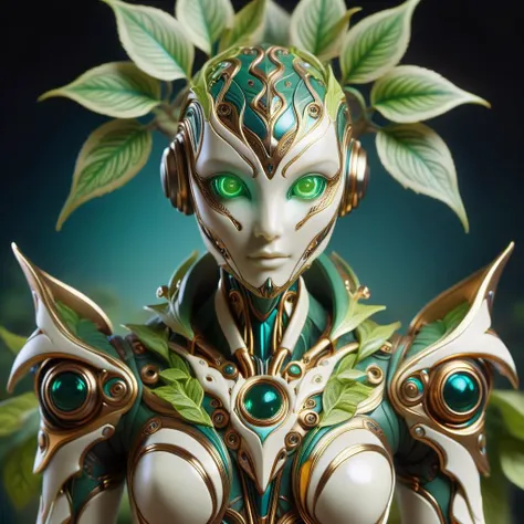hyper detailed masterpiece, dynamic, awesome quality,ivorygold alraune, plant hybrid,plant-based humanoid, alluring appearance, floral elements, green leaf-like bark-like skin, vines and roots as hair, varied and mystical attire, mesmerizing or hypnotic eyes, plant-based accessories or ornaments,