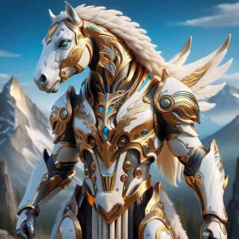 hyper detailed masterpiece, dynamic, awesome quality,ivorygold valkyrie, mythical    tall humanoid creature, horse head, mane hooved feet, fur, furry skin, mountains, mischievous, , <lora:IvoryGold:1>