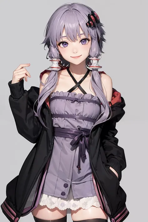 masterpiece, best quality, <lora:YuzukiYukari-sver:1>,yuzuki yukari,1girl,grey background, smile,cowboy shot,