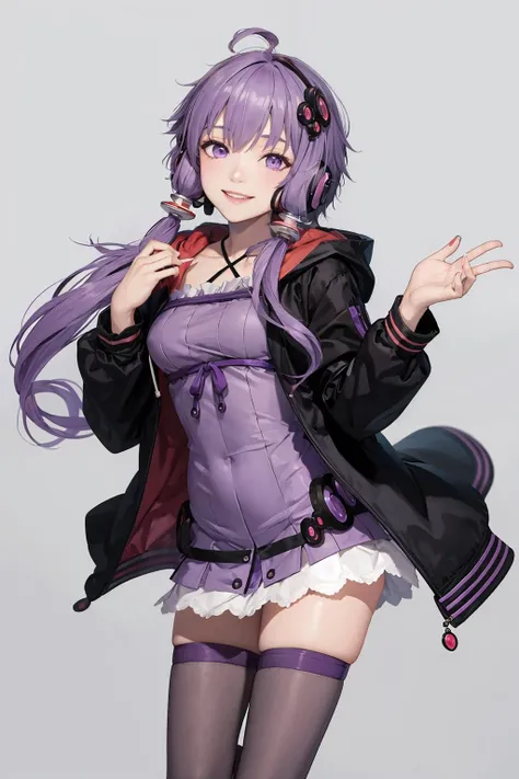 masterpiece, best quality, <lora:YuzukiYukari-sver:1>, yuzuki yukari, 1girl, purple hair,long hair, short hair with long locks,twintails,hood,hair ornament,headset,purple eyes,jacket, dress,purple thighhighs,grey background, smile,