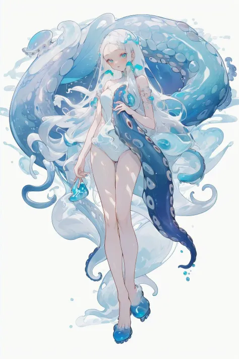 (masterpiece, top quality, best quality, official art, beautiful and aesthetic),1girl,solo,flowing long (white hair:1.2),(full body),look at viewer,slimy octopus skin,transparent,water-rich,slimy gel,entangled with tentacles,bare shoulders,jellyfish,bubbles,azure and light white,meticulous portraiture,<lora:octopus mecha-000003:0.8>,style-swirlmagic,<lora:Clothing -:0.6>,<lora:animeoutlineV4_16:0.3>,<lora:20230817-1692283711330:0.3>,