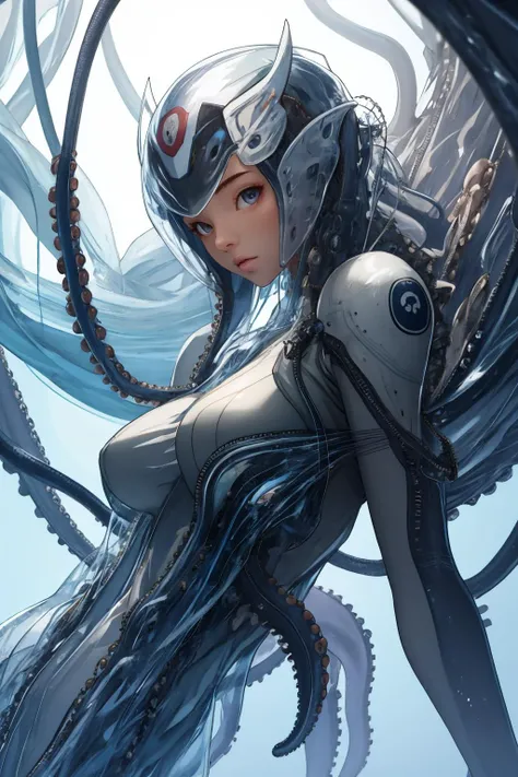 (1girl:1.3),(masterpiece,top quality,best quality,official art,beautiful and aesthetic:1.2),octopus white armor cyber girl,(transparent:1.3),elegant,long white hair,(translucency:1.3),cutting-edge design,hyper detail,ultra detail,volumetric light,(huge mechanism octopus monster:1.2) in background,cinematic light,BiopunkAI,brilliance,mucus,wet,look at viewer,wires and cables attaching to neck,wires and cables on head,character focus,science fiction,<lora:epiNoiseoffset_v2:1>,<lora:octopus mecha:0.75>,<lora:alienskin:0.2>,