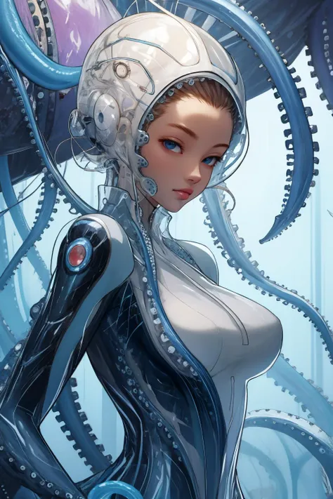 Best image quality, SLR, alien (female), different dimensional, (big 1.6), full body tentacles (entangled), slimy liquid,