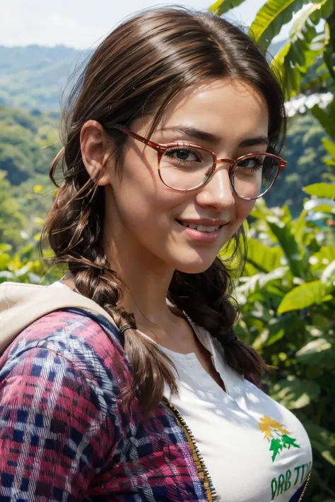 julia chang, brown eyes, glasses, brown hair, twin braids, plaid pink hoodie, print shirt, blue corsetlooking at viewer,smiling, close up, outside, jungle, sunny, high quality, masterpiece, <lora:juliachang:.8>