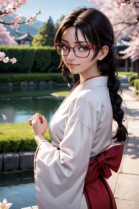 julia chang, brown eyes, glasses, brown hair, twin braids, traditional miko, looking at viewer, serious, smiling, upper body shot, standing, outside, garden, cherry blossom, pond, blue sky,high quality, masterpiece, <lora:juliachang:.8> <lora:normal miko-002_0.7:.6>