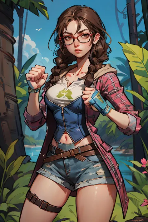 julia chang, brown eyes, glasses, brown hair, twin braids, plaid pink hoodie, print shirt, blue corset, denim shorts, belt, thigh strap, looking at viewer, serious, standing, fighting pose, fists, outside, jungle, river, blue sky, high quality, masterpiece,  <lora:juliachang:.8>