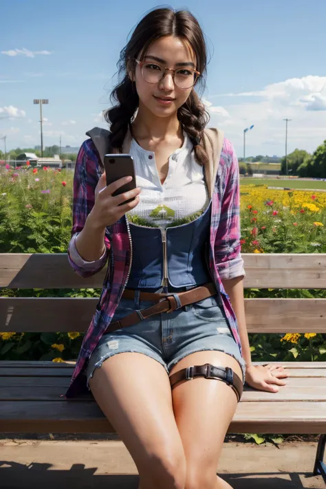 julia chang, brown eyes, glasses, brown hair, twin braids, plaid pink hoodie, print shirt, blue corset, denim shorts, belt, thigh strap, looking at viewer, serious, smirk, sitting, on bench, holding cell phone, outside, park, field, flowers, blue sky, high quality, masterpiece, <lora:juliachang:.8>
