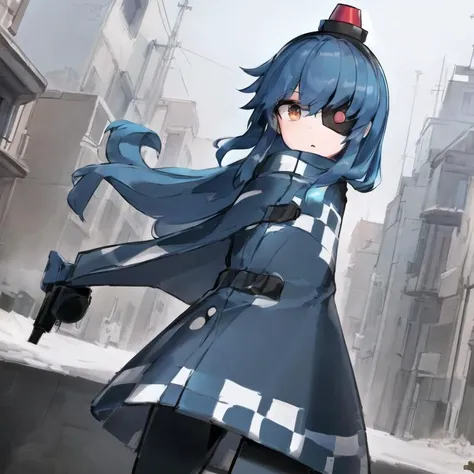 [blue clothes, (blue hair:1.2):2], ((masterpiece, best quality)), mini-sentry, solo, humanoid robot, checkered coat, no mouth, eyepatch, siren hat, red hair, cowboy shot, <lora:tf2Sentries-v11:0.75>