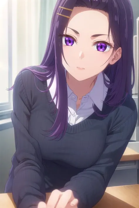 sayuriakino, <lora:sayuri akino s1-lora-nochekaiser:1>,
sayuri akino, long hair, hair ornament, hairclip, purple hair, (purple eyes:1.1), (forehead:1.2),
BREAK shirt, white shirt, collared shirt, sweater, black sweater,
BREAK indoors, classroom,
BREAK looking at viewer, (cowboy shot:1.5),
BREAK <lyco:GoodHands-beta2:1>, (masterpiece:1.2), best quality, high resolution, unity 8k wallpaper, (illustration:0.8), (beautiful detailed eyes:1.6), extremely detailed face, perfect lighting, extremely detailed CG, (perfect hands, perfect anatomy),