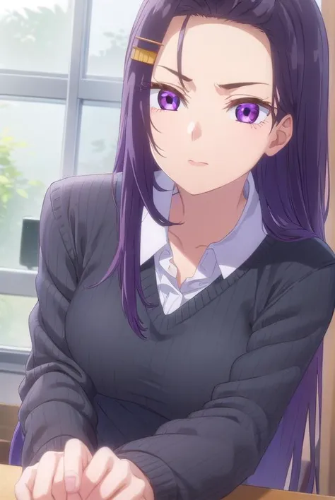 sayuriakino, <lora:sayuri akino s1-lora-nochekaiser:1>,
sayuri akino, long hair, hair ornament, hairclip, purple hair, (purple eyes:1.1), (forehead:1.2),
BREAK shirt, white shirt, collared shirt, sweater, black sweater,
BREAK indoors, classroom,
BREAK looking at viewer, (cowboy shot:1.5),
BREAK <lyco:GoodHands-beta2:1>, (masterpiece:1.2), best quality, high resolution, unity 8k wallpaper, (illustration:0.8), (beautiful detailed eyes:1.6), extremely detailed face, perfect lighting, extremely detailed CG, (perfect hands, perfect anatomy),