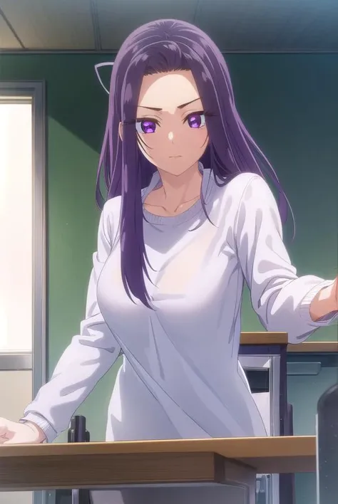 sayuriakino, <lora:sayuri akino s1-lora-nochekaiser:1>,
sayuri akino, long hair, hair ornament, hairclip, purple hair, (purple eyes:1.1), (forehead:1.2),
BREAK shirt, white shirt, collared shirt, sweater, black sweater,
BREAK indoors, classroom,
BREAK looking at viewer, (cowboy shot:1.5),
BREAK <lyco:GoodHands-beta2:1>, (masterpiece:1.2), best quality, high resolution, unity 8k wallpaper, (illustration:0.8), (beautiful detailed eyes:1.6), extremely detailed face, perfect lighting, extremely detailed CG, (perfect hands, perfect anatomy),