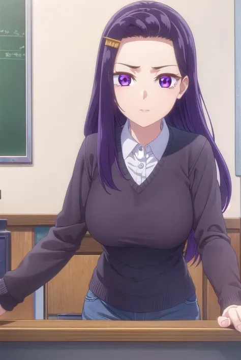 sayuriakino, <lora:sayuri akino s1-lora-nochekaiser:1>,
sayuri akino, long hair, hair ornament, hairclip, purple hair, (purple eyes:1.1), (forehead:1.2),
BREAK shirt, white shirt, collared shirt, sweater, black sweater,
BREAK indoors, classroom,
BREAK looking at viewer, (cowboy shot:1.5),
BREAK <lyco:GoodHands-beta2:1>, (masterpiece:1.2), best quality, high resolution, unity 8k wallpaper, (illustration:0.8), (beautiful detailed eyes:1.6), extremely detailed face, perfect lighting, extremely detailed CG, (perfect hands, perfect anatomy),