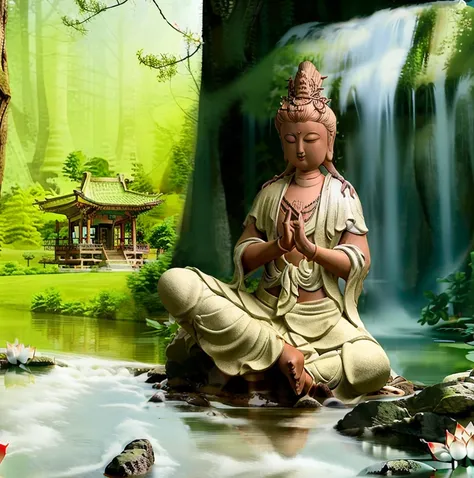(Guanyin Bodhisattva is meditating in the meditation hall inside the Buddhist temple:1.5). There is a large transparent glass window in the meditation hall, and you can see the sky, mountains, lakes and believers walking on the lakeside path in the distance, Guanyin Bodhisattva, Avalokitesvara, Chinese temples scattered in the forest not far away, waterfall cascading into a lake or stream in the background, mountains and briliant small lake in the background, Lotus in the foreground, Clear and distinct fingers, clear and distinct toes, clear and distinct facial features,jewelry, leaf, lily flower, lily_pad, necklace, plant, solo, chinese temple, path, cherry blossom, sharp focus, the sun's rays, sparkly ripples, wind ripples, hyper hight detailed, real photo, intricate details, perfect composition, beautiful detailed intricate, 8 k photography, photorealistic, masterpiece, Photo-realistic, Image enhancement,Image post-processing,Image retouching