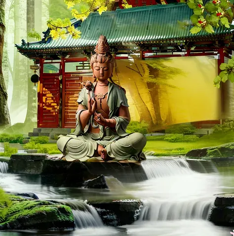 (Guanyin Bodhisattva is meditating in the meditation hall inside the Buddhist temple:1.5). There is a large transparent glass window in the meditation hall, and you can see the sky, mountains, lakes and believers walking on the lakeside path in the distance, Guanyin Bodhisattva, Avalokitesvara, Chinese temples scattered in the forest not far away, waterfall cascading into a lake or stream in the background, mountains and briliant small lake in the background, Lotus in the foreground, Clear and distinct fingers, clear and distinct toes, clear and distinct facial features,jewelry, leaf, lily flower, lily_pad, necklace, plant, solo, chinese temple, path, cherry blossom, sharp focus, the sun's rays, sparkly ripples, wind ripples, hyper hight detailed, real photo, intricate details, perfect composition, beautiful detailed intricate, 8 k photography, photorealistic, masterpiece, Photo-realistic, Image enhancement,Image post-processing,Image retouching
