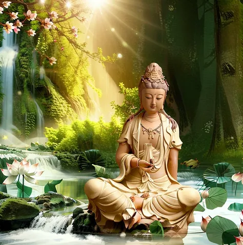 Guanyin sitting on a lotus flower seat, Guanyin Bodhisattva, Avalokitesvara, Chinese temples scattered in the forest not far away, waterfall cascading into a lake or stream in the background, mountains and briliant small lake in the background, Lotus in the foreground, Clear and distinct fingers, clear and distinct toes, clear and distinct facial features,jewelry, leaf, lily flower, lily_pad, necklace, plant, solo, chinese temple, path, cherry blossom, sharp focus, the sun's rays, sparkly ripples, wind ripples, hyper hight detailed, real photo, intricate details, perfect composition, beautiful detailed intricate, 8 k photography, photorealistic, masterpiece, Photo-realistic, Image enhancement,Image post-processing,Image retouching