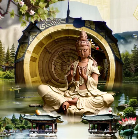 (Guanyin Bodhisattva is meditating in the meditation hall inside the Buddhist temple:1.5). There is a large transparent glass window in the meditation hall, and you can see the sky, mountains, lakes and believers walking on the lakeside path in the distance, Guanyin Bodhisattva, Avalokitesvara, Chinese temples scattered in the forest not far away, waterfall cascading into a lake or stream in the background, mountains and briliant small lake in the background, Lotus in the foreground, Clear and distinct fingers, clear and distinct toes, clear and distinct facial features,jewelry, leaf, lily flower, lily_pad, necklace, plant, solo, chinese temple, path, cherry blossom, sharp focus, the sun's rays, sparkly ripples, wind ripples, hyper hight detailed, real photo, intricate details, perfect composition, beautiful detailed intricate, 8 k photography, photorealistic, masterpiece, Photo-realistic, Image enhancement,Image post-processing,Image retouching
