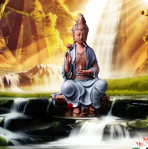 Guanyin sitting on a lotus flower seat, Guanyin Bodhisattva, Avalokitesvara, Chinese temples scattered in the forest not far away, waterfall cascading into a lake or stream in the background, mountains and briliant small lake in the background, Lotus in the foreground, Clear and distinct fingers, clear and distinct toes, clear and distinct facial features,jewelry, leaf, lily flower, lily_pad, necklace, plant, solo, chinese temple, path, cherry blossom, sharp focus, the sun's rays, sparkly ripples, wind ripples, hyper hight detailed, real photo, intricate details, perfect composition, beautiful detailed intricate, 8 k photography, photorealistic, masterpiece, Photo-realistic, Image enhancement,Image post-processing,Image retouching