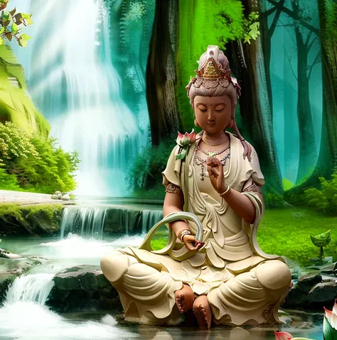 Guanyin sitting on a lotus flower seat, Guanyin Bodhisattva, Avalokitesvara, Chinese temples scattered in the forest not far away, waterfall cascading into a lake or stream in the background, mountains and briliant small lake in the background, Lotus in the foreground, Clear and distinct fingers, clear and distinct toes, clear and distinct facial features,jewelry, leaf, lily flower, lily_pad, necklace, plant, solo, chinese temple, path, cherry blossom, sharp focus, the sun's rays, sparkly ripples, wind ripples, hyper hight detailed, real photo, intricate details, perfect composition, beautiful detailed intricate, 8 k photography, photorealistic, masterpiece, Photo-realistic, Image enhancement,Image post-processing,Image retouching