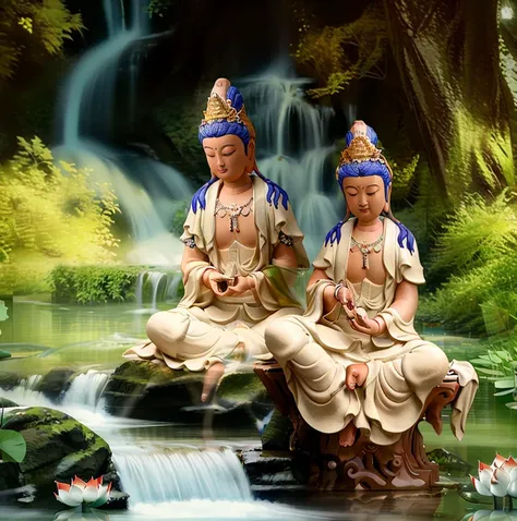 Guanyin sitting on a lotus flower seat, Guanyin Bodhisattva, Avalokitesvara, Chinese temples scattered in the forest not far away, waterfall cascading into a lake or stream in the background, mountains and briliant small lake in the background, Lotus in the foreground, Clear and distinct fingers, clear and distinct toes, clear and distinct facial features,jewelry, leaf, lily flower, lily_pad, necklace, plant, solo, chinese temple, path, cherry blossom, sharp focus, the sun's rays, sparkly ripples, wind ripples, hyper hight detailed, real photo, intricate details, perfect composition, beautiful detailed intricate, 8 k photography, photorealistic, masterpiece, Photo-realistic, Image enhancement,Image post-processing,Image retouching