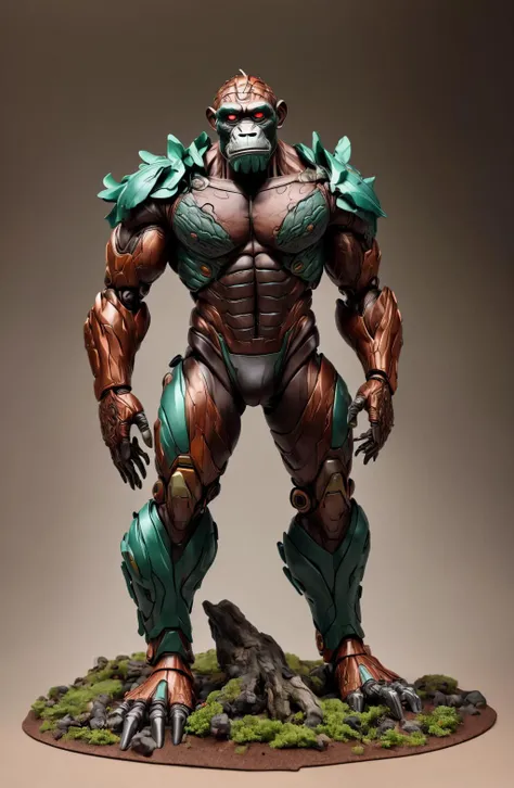 (8k, ultra quality, masterpiece:1.5)(ActionFigureQuiron style),solo,action figure,concept art,ActionFigureQuiron style,action figure,deluxe toy,statue,plastic toy,premium toy,<lora:quiron_ActionFigure_v2_lora:0.8>,(macro shot:1.2),outdoors,wooded area,stream,(bokeh:1.2),full body view,facemask,<lora:Animal_mecha:0.8>,animal mecha,realistic,(metal surface),cyborg,extremely muscular chimpanzee crouched in rust colored bushes,<lora:add_detail:0.8>,positioned within a miniature set that resembles a fantastical forest,trees made of steel and wood,dangerous,intricately detailed and carved face,glowing body parts,partially obscured by fog,rich and vibrant colors,brown,white,silver,green,heavy fog hides body,realistic,professional photo, professional lighting,