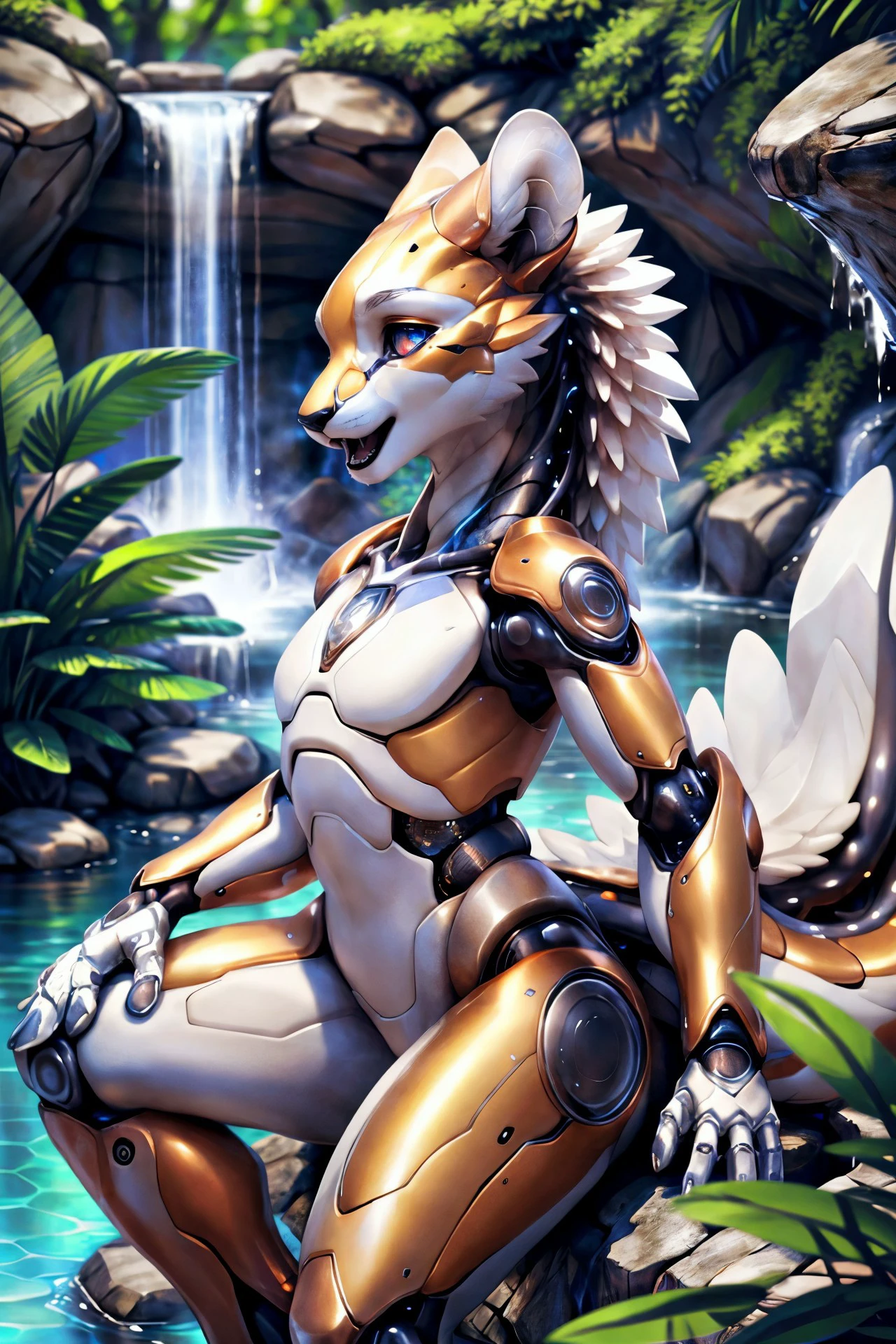 <lora:add_detail:1>,
ultra realistic, masterpiece, (wildlife|fashion) photography,
(three quarter back) view, backside, over the shoulder, above shot,
solo,
cute female anthro cheetah, beautiful, beautiful body, young, small breasts, flat chest, Green body,
detailed mouth, (thick thighs:0.3), ((cute)), rendered eyes, ambient light reflected on body, intricate gold,
shikabane, <lora:shikabane-v1:0.3>, stylish glasses, elegant glasses,
dynamic pose, movement pose,
looking at viewer,
uploaded on e621, (by Cotora:0.5), by Barbara Takenaga, (by darkgem_0.5), by Affandi, by Youjomodoki,
<lora:Animal_mecha:0.8>, animal mecha, realistic, (engraved metal surface), cyborg,
<lora:add_detail:0.5>,
Innocent, slightly open mouth,,
futuristic garden patio, science fiction environment,
network of crisscrossing trails through a dense forest, Aero-Train Lounge, A lounge in a futuristic high-speed aero-train with panoramic windows, anti-gravity seating, and an immersive augmented reality experience showcasing landscapes during transit, Vortex Waterfall Fountain, A vortex-shaped water fountain that defies gravity, creating a mesmerizing centerpiece with water flowing upward in an otherworldly display,
ornamented sandstone walls,
detailed, realistic, 8k uhd, high quality, high quality photography, 3 point lighting, flash with softbox, 4k, Canon EOS R3, hdr, smooth, sharp focus, high resolution, 80mm, f2.8,
cinematic composition, highly detailed, masterpiece, best quality, intricate, (high detail:1.4), film photography, sharp focus,