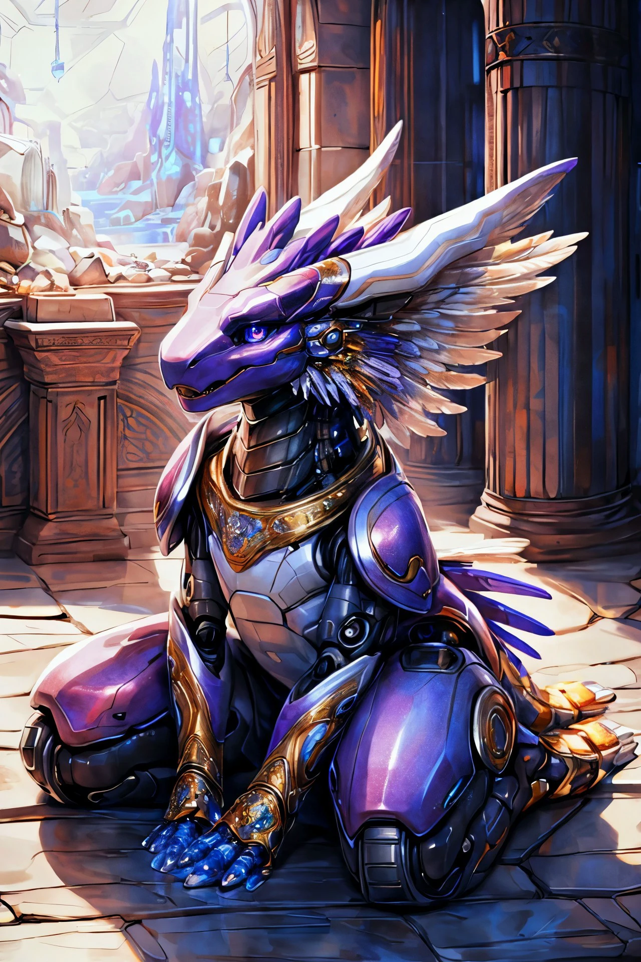 <lora:add_detail:1>,
ultra realistic, masterpiece, (wildlife|fashion) photography, (Purple ambient light),
three-quarter back view, backside, seen from behind, hero view,
solo,
cute female anthro dragon robot, beautiful, beautiful body, young, small breasts, flat chest, Lavender body,
detailed mouth, (thick thighs:0.3), (((cute))), rendered eyes, chibi, ambient light reflected on body,
Abstract Arm Frame, Framing the face or body with abstract arm positions, adding visual interest, kneeling,
looking at viewer,
uploaded on e621, (by Hasui Kawase:0.5), by Barbara Takenaga, (by darkgem_0.5), by Affandi, by Beatrice Ethel Lithiby, by dagasi,
<lora:Animal_mecha:0.8>, animal mecha, realistic, (engraved metal surface), cyborg,
<lora:add_detail:0.5>,
happy, feisty, mischievous,
futuristic cathedral, decorated science fiction interior, clean engraved white panels, neon lights, futuristic interior,
tranquil pond surrounded by weeping willows and cattails, Nebula-inspired Meditation Room, A meditation room with walls that mimic swirling nebulae, floor-to-ceiling windows showcasing cosmic vistas, and levitating meditation cushions for a serene escape, Levitating Bed with Holographic Canopy, A bed hovering above the floor using anti-gravity technology, accompanied by a holographic canopy that projects immersive ambient scenes,
lavish flowery potted plants in big gold encrusted sandstone pots,
detailed, realistic, 8k uhd, high quality, high quality photography, 3 point lighting, flash with softbox, 4k, Canon EOS R3, hdr, smooth, sharp focus, high resolution, 80mm, f2.8,
cinematic composition, highly detailed, masterpiece, best quality, intricate, (high detail:1.4), film photography, sharp focus,
