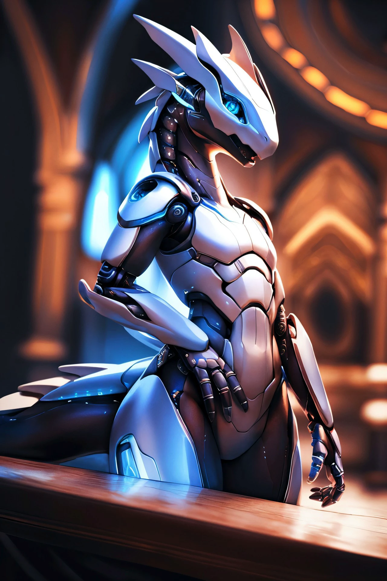 <lora:add_detail:1>,
ultra realistic, masterpiece, (wildlife|fashion) photography, (Yellow ambient light),
three-quarter view, slightly above,
solo,
cute female (anthro kobold) synthoid, beautiful, beautiful body, young, small breasts, flat chest,
detailed mouth, (thick thighs:0.3), glossy fur, perfect thighs, perfect calves, long eyelashes, (((cute))), rendered eyes, chibi,
standing, confident, hands on hip, lying on a table,
looking at viewer,
uploaded on e621, by Youjomodoki, by Furikake, by Bonifasko, by Cotora,
<lora:Animal_mecha-10:0.6>, animal mecha, realistic, (engraved metal surface), cyborg,
<lora:F0rg0tt3nSynth:0.1>, donmdj1nnm4g1cxl, synth,
happy, feisty, mischievous,
futuristic cathedral, decorated science fiction interior, clean engraved white panels, neon lights, futuristic interior,
AI-Controlled Smart Home, A smart home with an artificial intelligence system that adjusts lighting, temperature, and ambiance based on occupants' preferences, creating an effortlessly elegant living space, Holographic Touchscreen Console, A sleek console with holographic touchscreens embedded into the surface, controlling lighting, temperature, and entertainment systems with a touch or gesture, Morphing Shape-Shifting Furniture, Adaptive furniture that changes shape and form based on user preferences or the intended function, seamlessly morphing to suit various needs,
lavish decorated bed, canopy of vibrant green leaves forming a natural archway,
detailed, realistic, 8k uhd, high quality, high quality photography, 3 point lighting, flash with softbox, 4k, Canon EOS R3, hdr, smooth, sharp focus, high resolution, 80mm, f2.8,
cinematic composition, highly detailed, masterpiece, best quality, intricate, (high detail:1.4), film photography, sharp focus,
