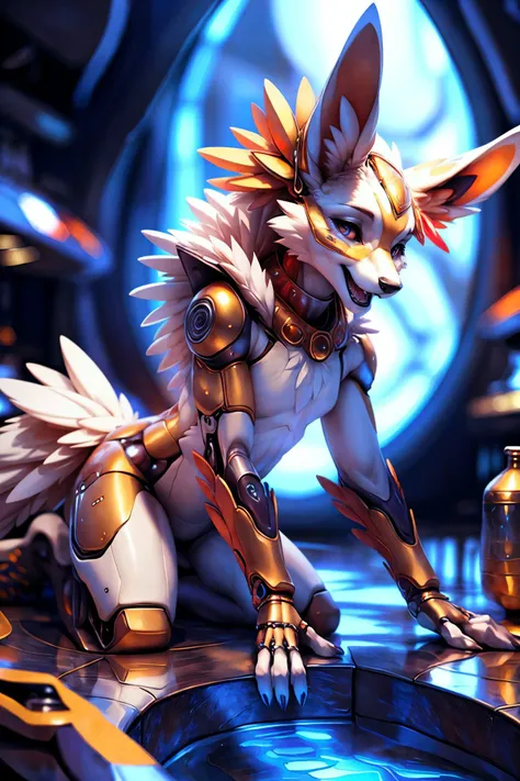 <lora:add_detail:1>,
ultra realistic, masterpiece, (wildlife|fashion) photography, (Aqua ambient light),
three-quarter back view, backside, seen from behind, above shot,
solo,
cute female anthro wolf, beautiful, beautiful body, young, small breasts, flat chest, Orange body,
detailed mouth, (thick thighs:0.3), ((cute)), rendered eyes, ambient light reflected on body, intricate gold,
jolteon, <lora:Y1-Furry-Eeveelution:0.6>, feathered headdress, nerdy glasses,
all fours, ass up, raised tail, groveling,
looking at viewer,
uploaded on e621, (by Bonifasko:0.5), by Barbara Takenaga, (by darkgem_0.5), by Affandi, by Youjomodoki,
<lora:Animal_mecha:0.8>, animal mecha, realistic, (engraved metal surface), cyborg,
<lora:add_detail:0.5>,
Ecstatic, half closed eyes,,
futuristic cathedral, decorated science fiction interior,
tranquil pond surrounded by weeping willows and cattails, Futuristic Laboratory with Augmented Reality Workstations, A cutting-edge laboratory with augmented reality workstations, holographic displays, and advanced equipment for scientific research in a visually stunning environment, Nano Fiber Art Installations, Art installations made from nano fibers that change shape and texture based on environmental conditions or user interactions, adding an element of dynamic artistry,
gold encrusted wooden table with golden plates of colorful glossy fruit,
detailed, realistic, 8k uhd, high quality, high quality photography, 3 point lighting, flash with softbox, 4k, Canon EOS R3, hdr, smooth, sharp focus, high resolution, 80mm, f2.8,
cinematic composition, highly detailed, masterpiece, best quality, intricate, (high detail:1.4), film photography, sharp focus,