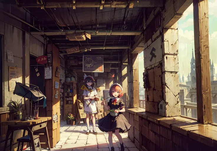 (comic), (creative frame design), flat_color,{{{ limited palette}}},story, {girl}, gothic, {speech bubble}, {speak arrow (symbol)} ,meme, manga frame, ((dark intense shadows)), ((cinematic lighting)), ((overexposure)),cute anime faces, sketch,{{storyboards}}, (pretty face), section, frame, {border}, {split_theme}, {{split screen}}, {Cartoon split},
crackedfloor,damagedclassroom,Tablesandchairsindisarray,TheresidualeavesDuanBi,beautifulsky,cumulus,mouldy,floating,wind,Deadendmachine, (brokenrobot),(Mechanicalgirl),{2 girls}, flat_chest, diamond and glaring eyes, black eyes, beautiful detailed cold face, {short red hair}, short wavy hair, beautiful detailed eyes, glowing eyes, touhou project, 1girl,braid,dress,eyelashes,frilled skirt,holding knife, holster,maid,maid headdress, medium hair,pocket watch,puffy short sleeves,silver chain, thigh strap, wrist cuffs, open mouth,blank stare, smile,angry,tears
//
<lora:Shurima:0.6>, Shurima:1.2,desert:1.3