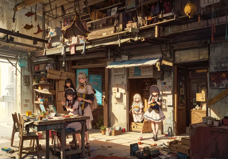 (comic), (creative frame design), flat_color,{{{ limited palette}}},story, {girl}, gothic, {speech bubble}, {speak arrow (symbol)} ,meme, manga frame, ((dark intense shadows)), ((cinematic lighting)), ((overexposure)),cute anime faces, sketch,{{storyboards}}, (pretty face), section, frame, {border}, {split_theme}, {{split screen}}, {Cartoon split},
crackedfloor,damagedclassroom,Tablesandchairsindisarray,TheresidualeavesDuanBi,beautifulsky,cumulus,mouldy,floating,wind,Deadendmachine, (brokenrobot),(Mechanicalgirl),{2 girls}, flat_chest, diamond and glaring eyes, black eyes, beautiful detailed cold face, {short red hair}, short wavy hair, beautiful detailed eyes, glowing eyes, touhou project, 1girl,braid,dress,eyelashes,frilled skirt,holding knife, holster,maid,maid headdress, medium hair,pocket watch,puffy short sleeves,silver chain, thigh strap, wrist cuffs, open mouth,blank stare, smile,angry,tears
//
<lora:Shurima:0.6>, Shurima:1.2