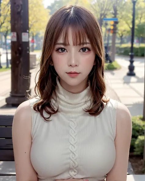 pureerosface_v1:0.3, best quality, photorealistic, 8k, high res, full color, 1girl, woman, 20 years old woman, (closed mouth:1.43), (skindentation), (portrait:0.6), trees, park bench, daylight, ((park background:1.52)), full color, ((necksweater:1.68)), looking at viewer:1.8, (1girl eyes looking at viewer:1.55), (medium-length hair, brownhair, partedbangs:1.45), (bokeh), <lora:AAV-riri:0.7>