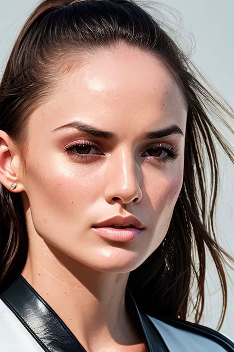 (CR-T0riBlack-Block454:0.9), closeup portrait of woman, grey background, (oiled shiny skin:1.0), (slick hair:1.0), (tilted angle shot:1.0), (tilted head pose:1.0),