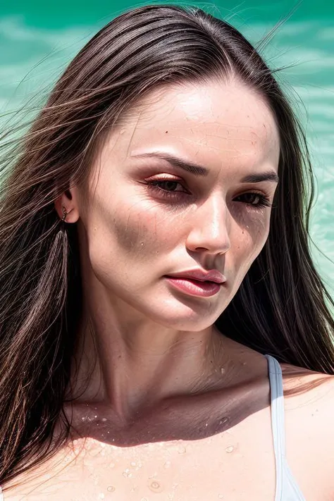 (CR-T0riBlack-Block454:0.9), (face closeup:1.3) portrait of woman submerge in water, grey background, (wet shiny skin:1.0), (slick hair:1.0), (tilted angle shot:1.0), (tilted head pose:1.0),