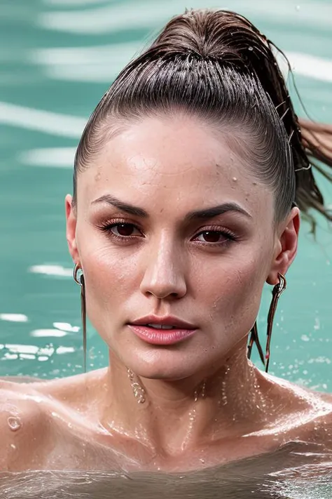 (CR-T0riBlack-Block454:0.9), (face closeup:1.3) portrait of woman submerge in water, grey background, (wet shiny skin:1.0), (wet slick hair:1.1), (tilted angle shot:1.0), (tilted head pose:1.0),