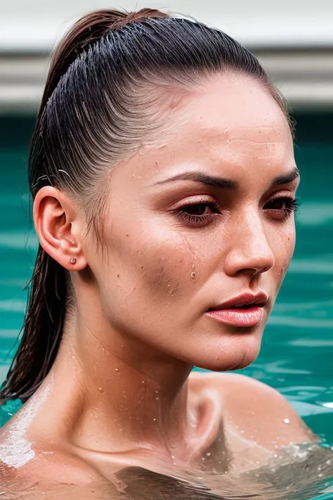 (CR-T0riBlack-Block454:0.9), (face closeup:1.3) portrait of woman submerge in water, grey background, (wet shiny skin:1.0), (slick hair:1.0), (tilted angle shot:1.0), (tilted head pose:1.0),