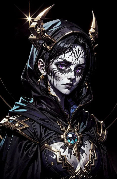 (masterpiece, best quality, detailed), high contrast, dark, (portrait, greek, mythology, close-up, simple background, backlighting:1.2), (gold color scheme:1.2), <lora:MidasMagic-22:0.5> midasmagic, glint, gleam, <lora:TarotMaker:0.8> (horridtarot) BREAK <lora:LowRA:0.8> dark theme, undead woman, upset, white skin, pale, black face paint, expressionless, glowing purple eyes, small breasts, black robe, night, full moon, <lora:TCV:0.4>