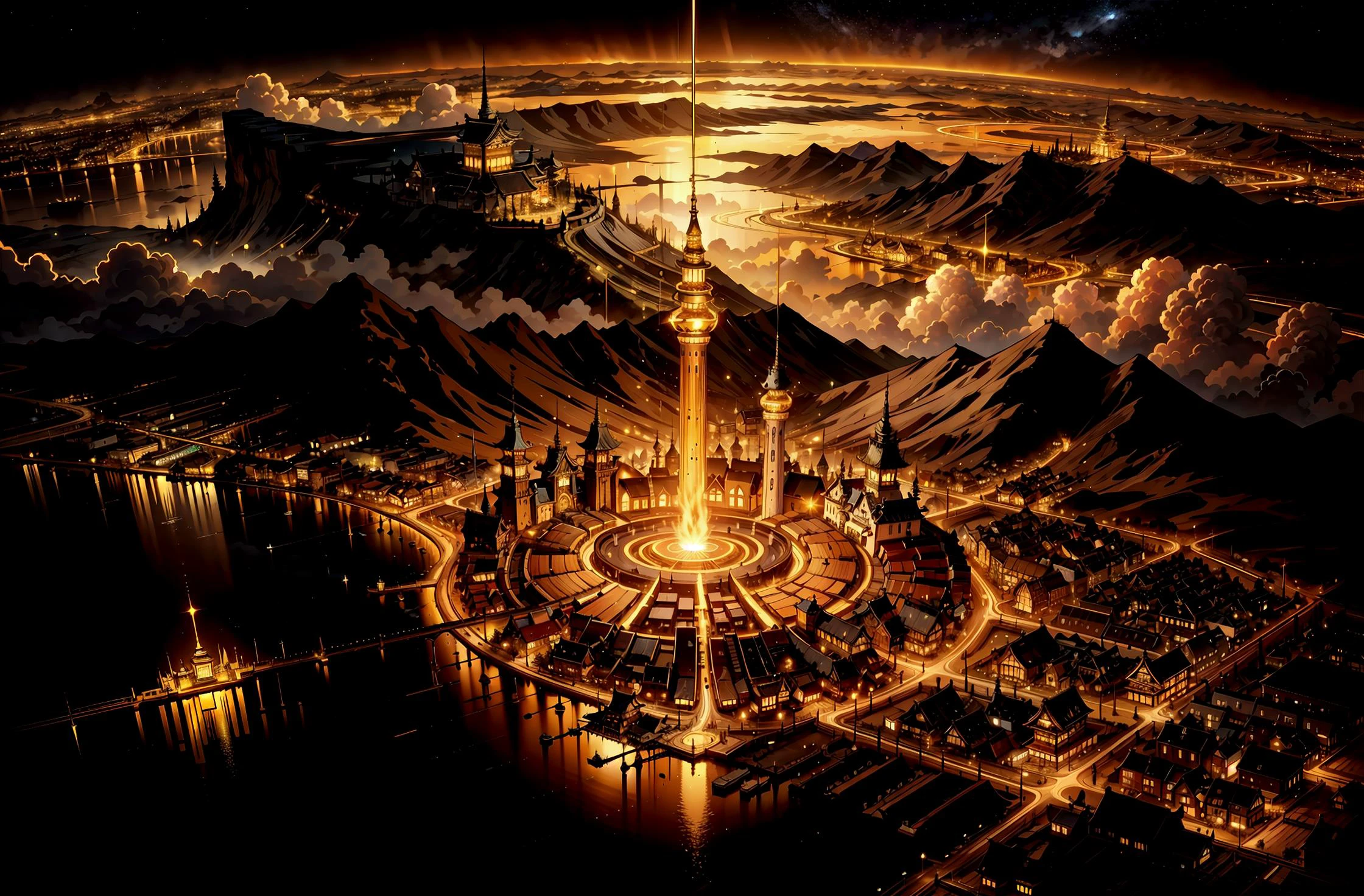 (masterpiece, best quality, detailed), high contrast, (from above, townscape:1.2), bright lights, (gold color scheme:1.2), <lora:MidasMagic-22:0.5> midasmagic, glint, gleam, outline, BREAK hills, small japanese town, night sky, <lora:TCV:0.3>